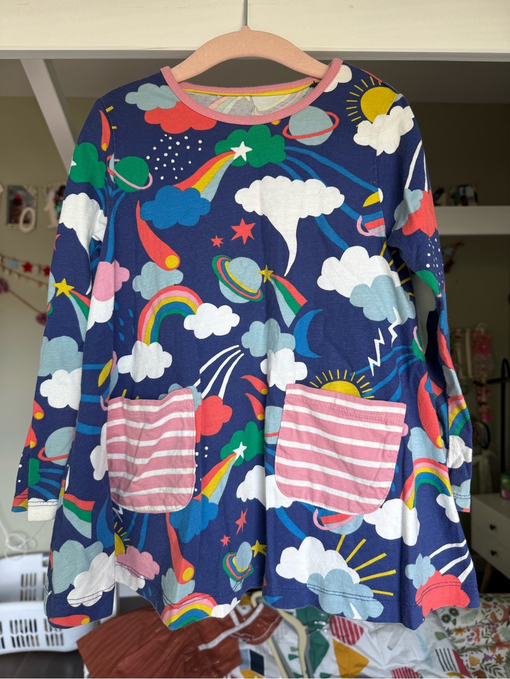 Mini Boden Kids Rainbow Cloud Planets Tunic with Pink Stripe Pockets